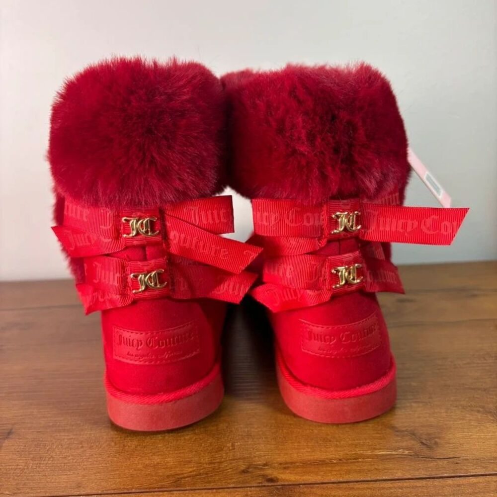 Juicy Couture King Red Faux Fur Ribbon Bow Ankle Boots NWT Womens Y2K Revival
